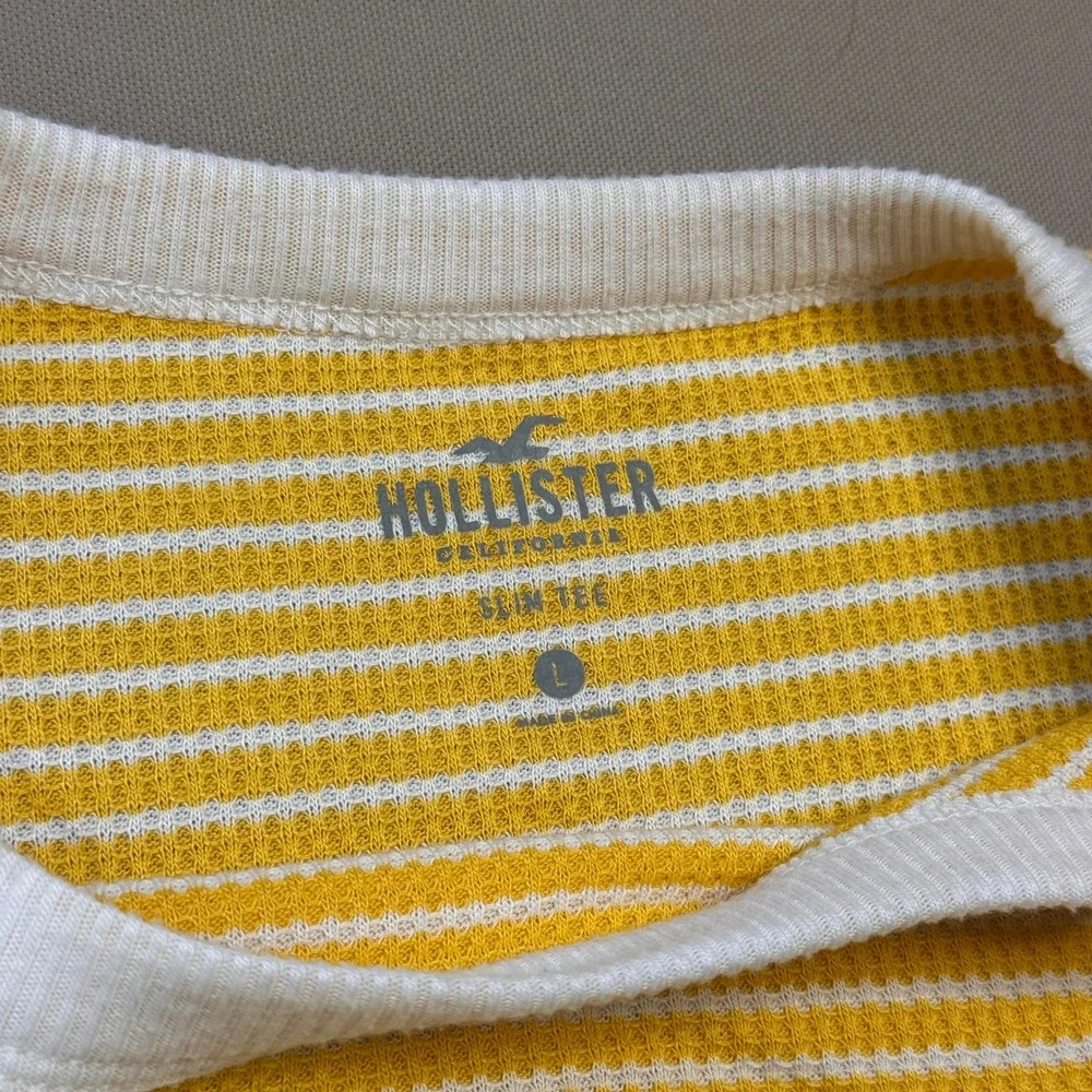 Hollister Slim Tee Yellow White Striped Waffle Knit Ringer T-Shirt Large